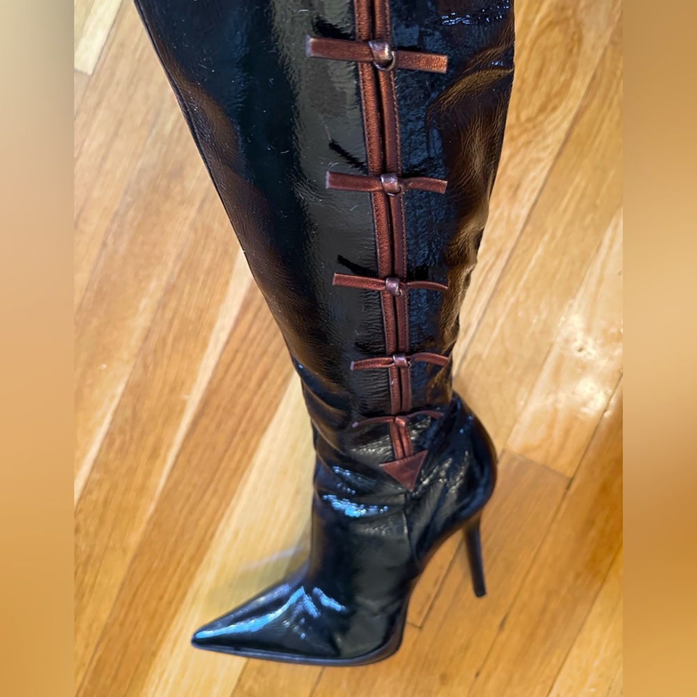 CASADEI Chocolate Patent Leather Stiletto Boots, size 6, Great Condition.